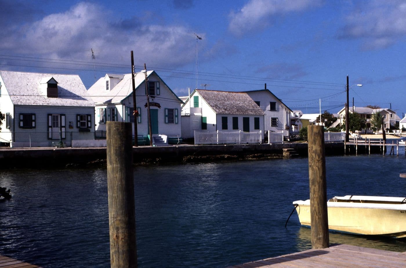 Harbour and clapboard houses at New Plymouth, Green Turtle Cay, Abaco