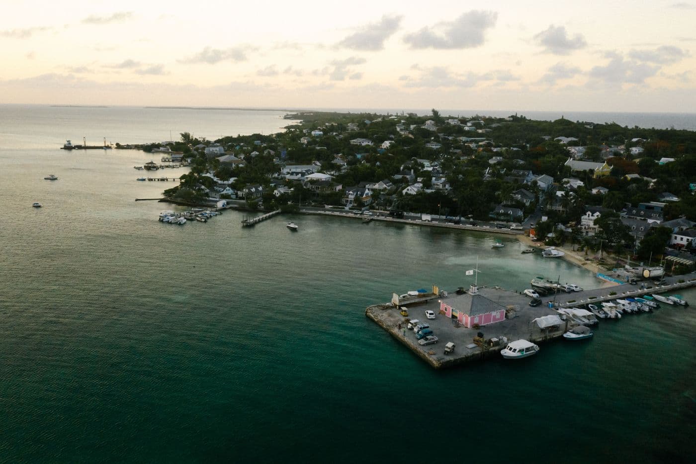 Aerial view of the Dunmore Town waterfront and lots, Harbour Island, Eleuthera