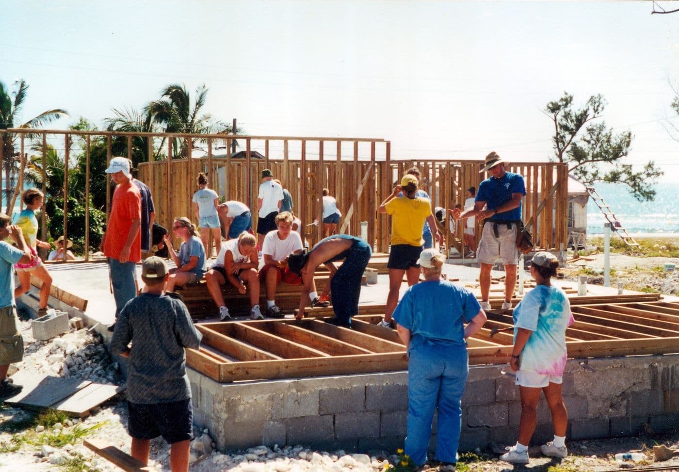 Volunteers framing a house during rebuilding after Hurricane Floyd, Abaco