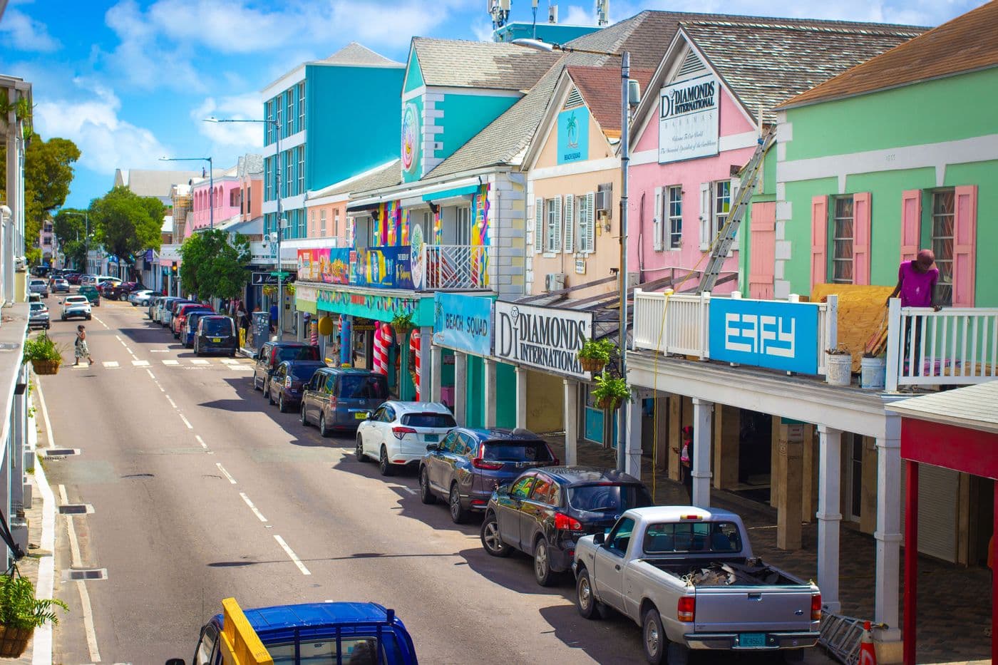Pastel shopfronts on Bay Street, Downtown Nassau